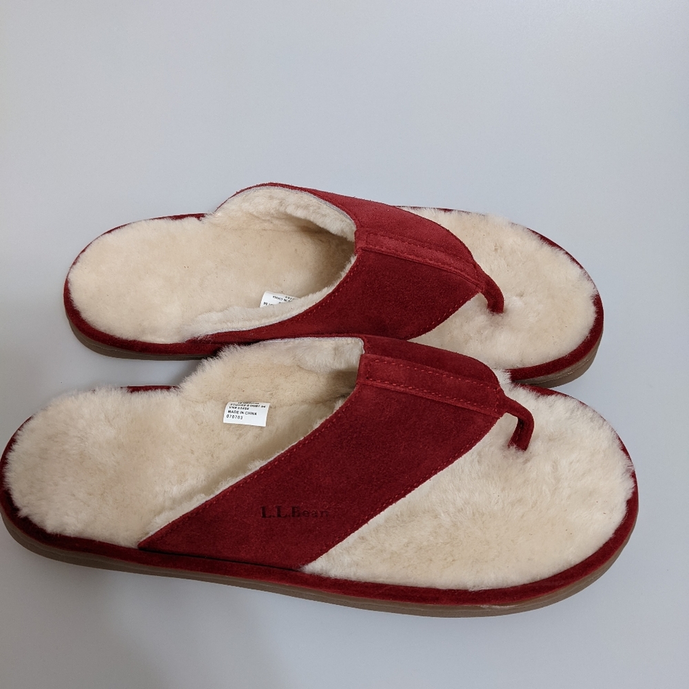 L.L. Bean Women's Red Suede Shearling-Trim Thong Slippers